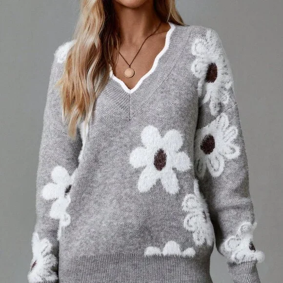 Grey Casual Women's Floral Pattern Easter Family Sweater - Picture 5 of 5